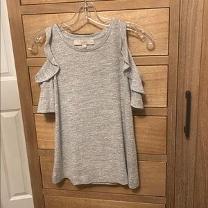 LOFT Petite Heather Gray Ruffle Knit Top With Cutout sleeve